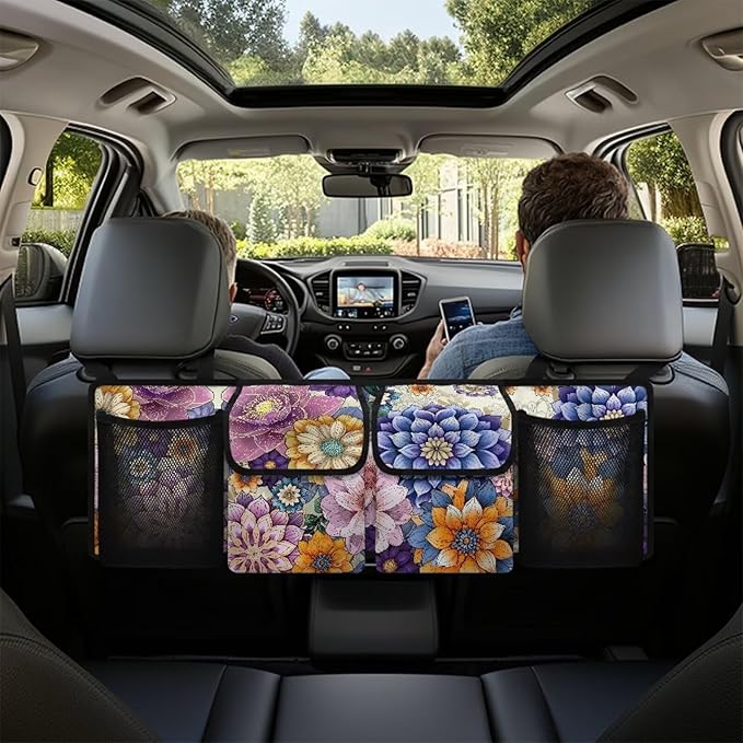 Boho Floral Blossom Car Backseat Trunk Organizer for Women Mandala Trunk Storage Bag for Grocery Cargo Car Organization