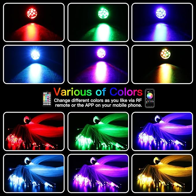 Upgraded AMKI 16W RGBW Fiber Optic Lights Kit Twinkle + Music Mode 200pcs Cables APP Remote Sound Control Car Home Starlight Headliner Ceiling Light Kit 0.75mm/0.03in 6.5ft/2m Optical Fiber Strands