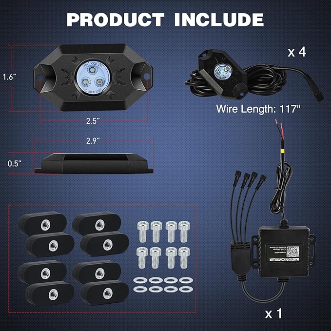 Nilight RGB LED Rock Lights Kit 4 PCS Underglow Multicolor Neon Light Pod with Magnetic Base Bluetooth App Control Flashing Music Mode IP68 Wheel Well Light for Truck ATV UTV RZR SUV