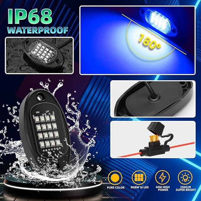 20 Pods Segmented RGB LED Rock Lights for Semi Trucks Offroad Pickup Trailer RV SUV Boat, 12V Waterproof Multicolor Neon Underglow Kit with APP/RF Control Red Brake Sync Music Vehicle Underbody Light