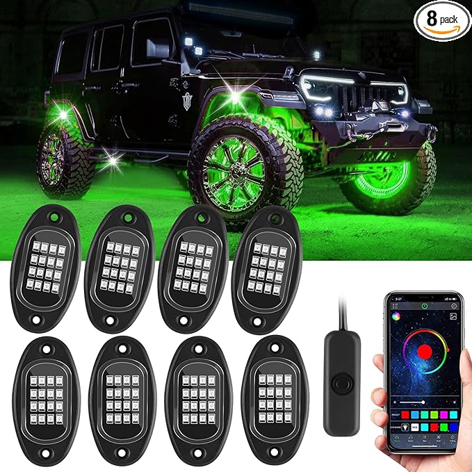 Kairiyard 8 Pods Rock Lights, RGB LED Rock Lights APP Control Music Mode Multilcolor Waterproof Underglow kit for Trucks Car ATV UTV RZR SUV