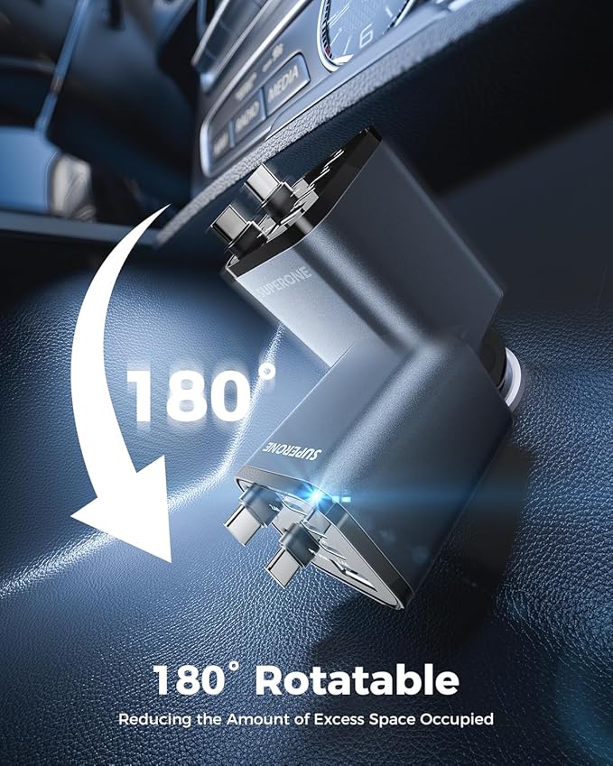 SUPERONE Retractable Car Charger, [Ultra-Compact] 6-Port Car Charger USB C, iPhone Car Chargers Fast Charging with Dual USB C Cables, RV Power Adapter for iPhone 17/16/15/14/13/12 Series
