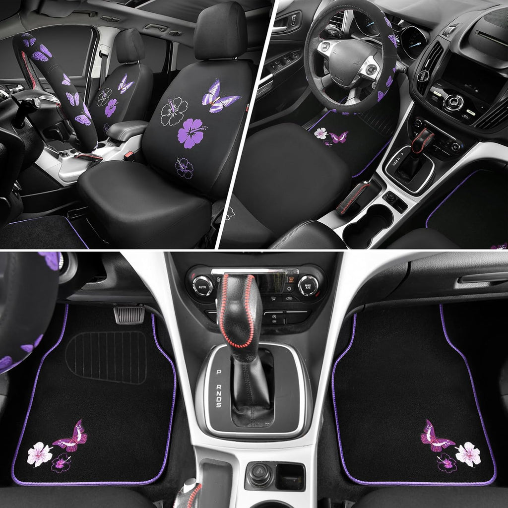CAR PASS Universal Butterfly Car Seat Covers Front Set, Embroidered Flower Waterproof Car Floor Mats Carpet, Butterflies Steering Wheel Cover for Car Accessories Interior Sets (Black and Purple)