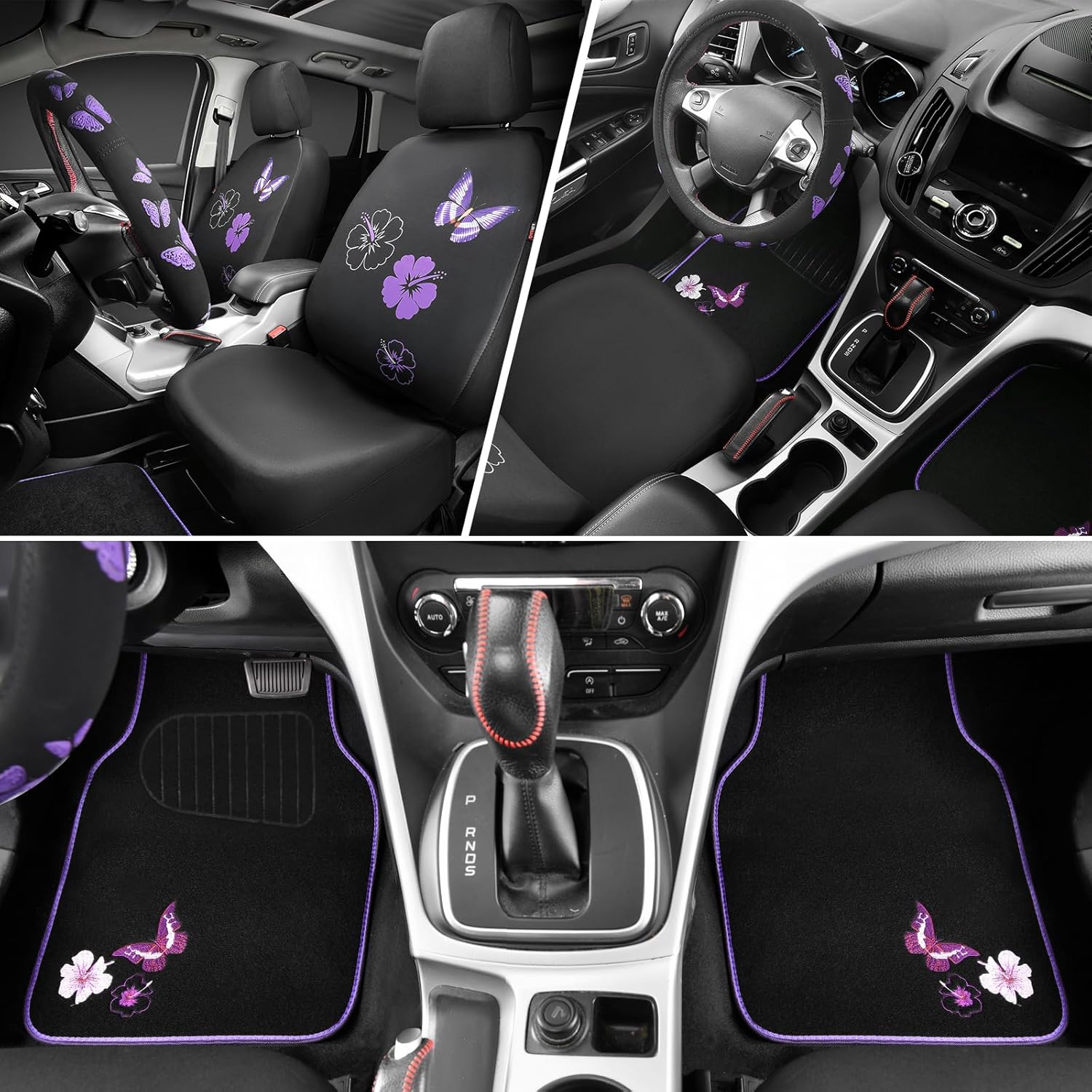 CAR PASS Universal Butterfly Car Seat Covers Front Set, Embroidered Flower Waterproof Car Floor Mats Carpet, Butterflies Steering Wheel Cover for Car Accessories Interior Sets (Black and Purple)
