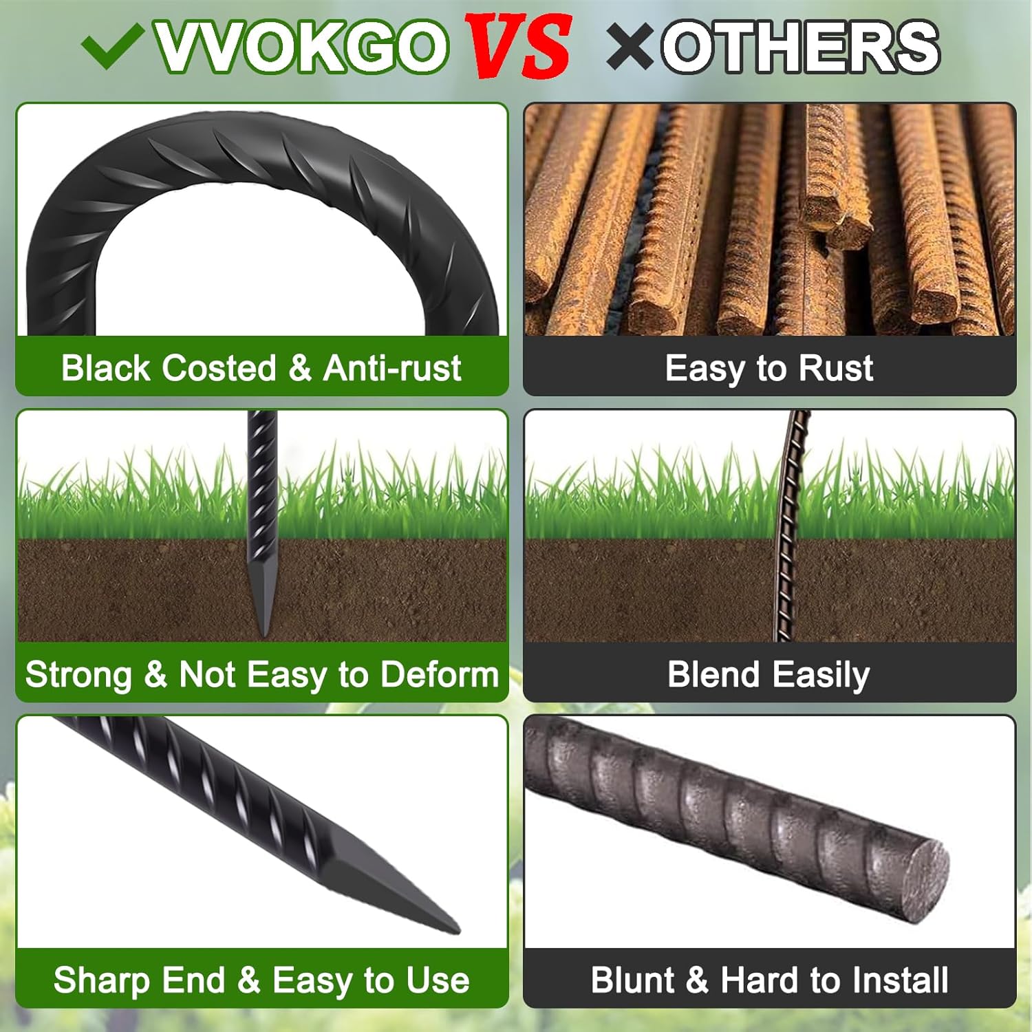 VVOKGO Rebar Stakes 12 Inches J Hook Heavy Duty Chain Link Fence Stakes, 8 Pcs Metal Long Tent Spikes Ground Anchors for Wire Fencing, Dogs Digging, Camping Tents, Swings, Greenhouse, Black