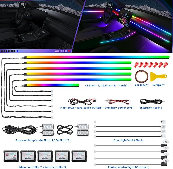 Dreamcolor Acrylic Interior Car LED Strip Light with Wireless APP, RGB 18 in 1 with 175 inches 600 LEDs Fiber Optic Car Ambient Lighting Kits, Music Sync Function Neon LED Strip for Car Accessories