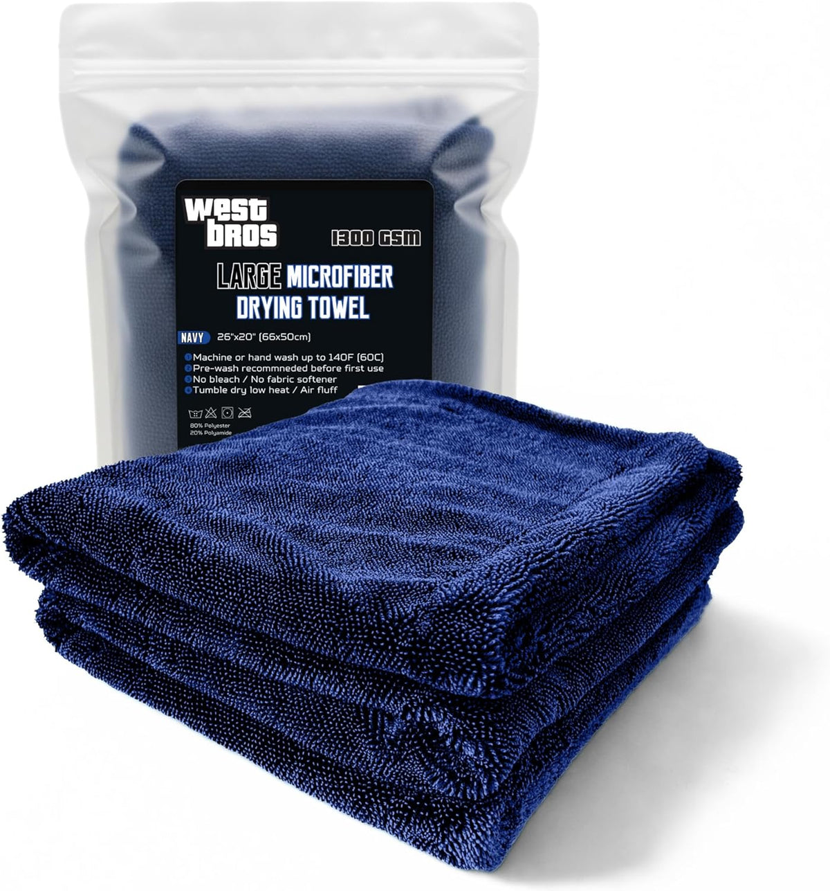 Large Car Drying Towel, 1300 GSM Professional Car Towel with Double Twisted Loop,Super Absorbent Large Microfiber Drying Towels for Cars, Trucks, SUVs - 20"x26", Navy