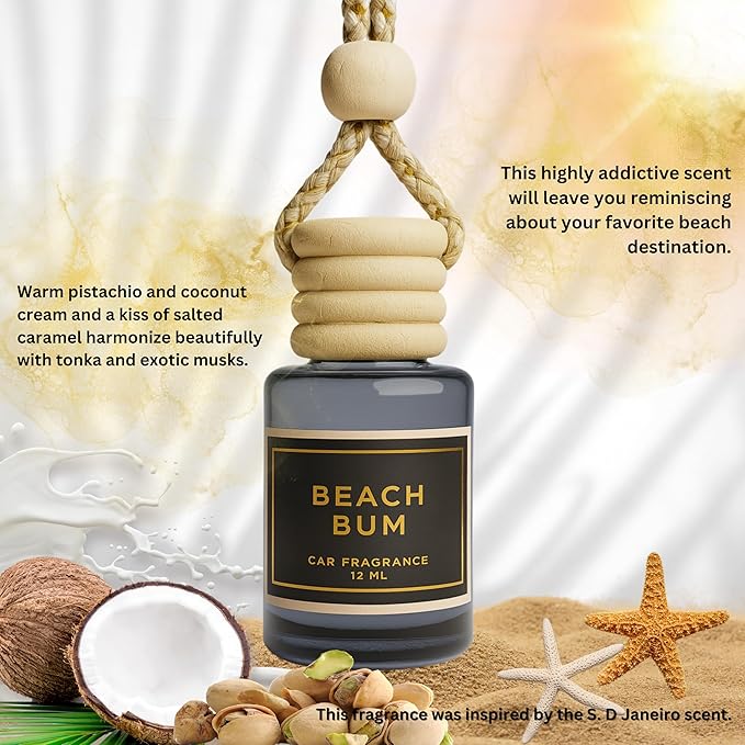 Beach Bum Scent - Long Lasting Car Hanging Diffuser - Lasts up to 60 Days - Warm Pistachio and Coconut Cream and a Kiss of Salted Caramel Harmonize Beautifully with Tonka and Exotic Musks