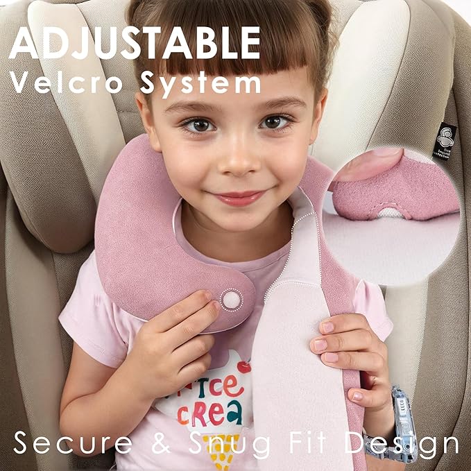 Kids Travel Neck Pillow, Toddler Travel Pillow for Car & Airplane and Head & Chin Support, Comfortably Travel Neck Pillow for Road Trip Sleeping, Gifts for Toddler/Child/Kids (Pink & Beige)
