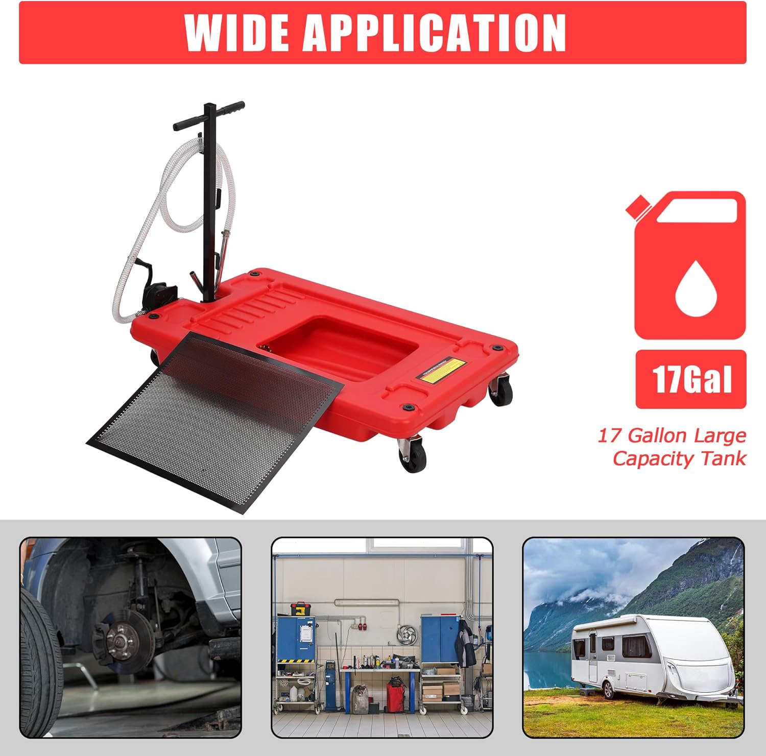 ‌17 Gal Low Profile Oil Drain Pan, Heavy Duty Mobile Oil Changing Pan with Hand Pump, 8 Ft Hose & Quick Drain Valve, Leak-Proof Design for Truck Car Motorcycle, Garage Workshop Use
