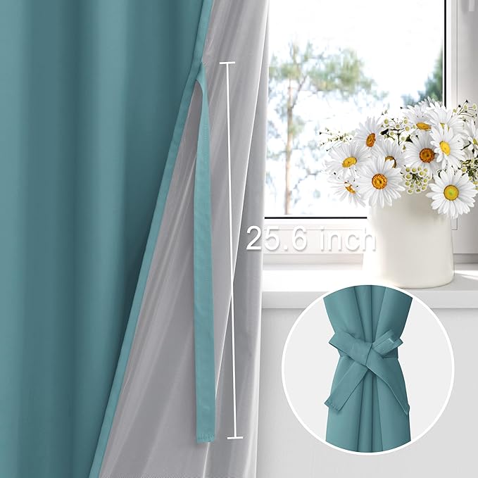 XWZO 100% Blackout Curtains - Thermal Insulated Black Liner Curtains, Noise Reducing and Heat Blocking Drapes for Hall and Studio Windows with Tiebacks, Stone Blue, W70 x L84, Set of 2