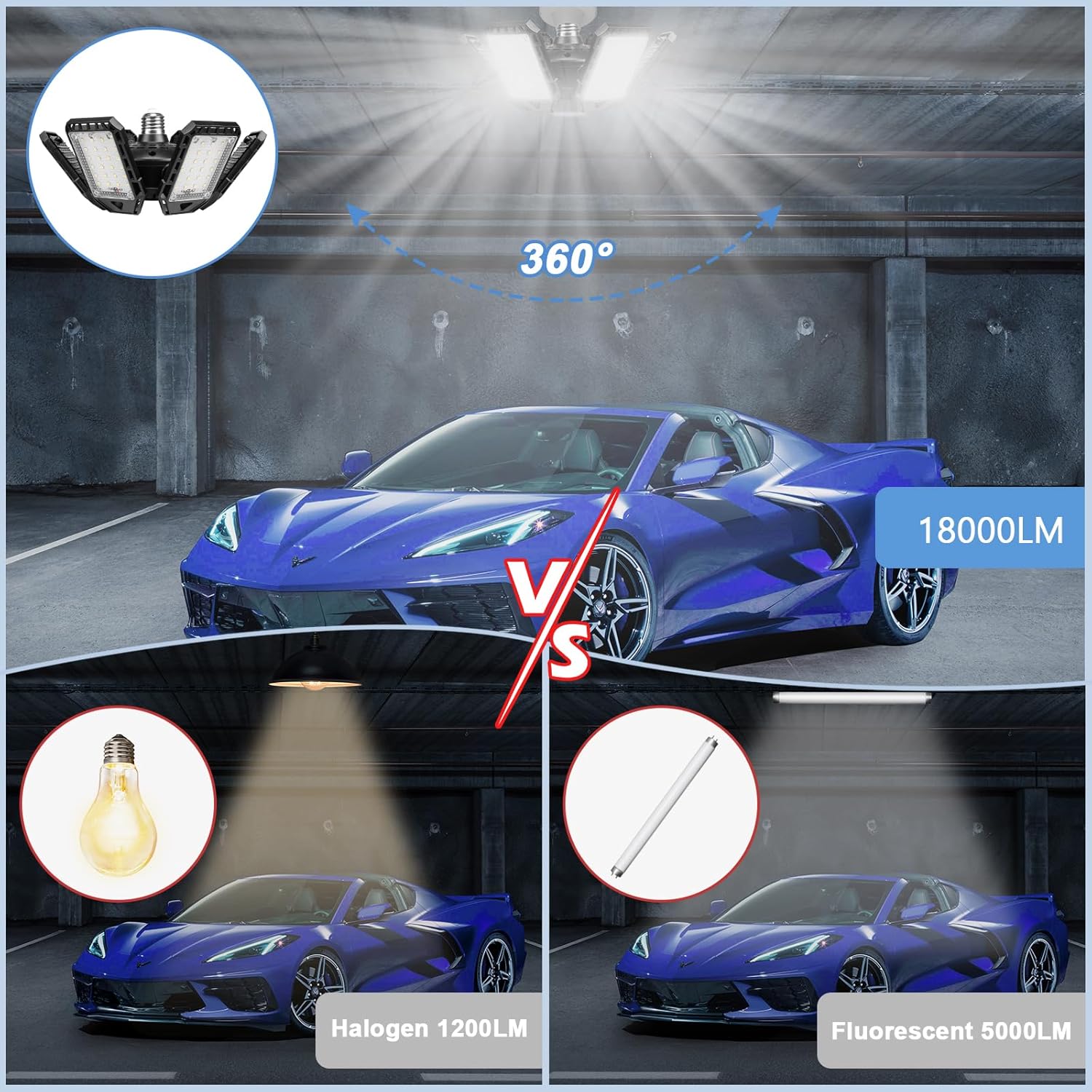 LED Garage Lights 1 Pack -180W, 18000LM 6500K Led Shop Light with 6+1 Deformable Panels, Basement Barn Light Garages Ceiling Lights, E26/E27 for Garage, Warehouse, Shop