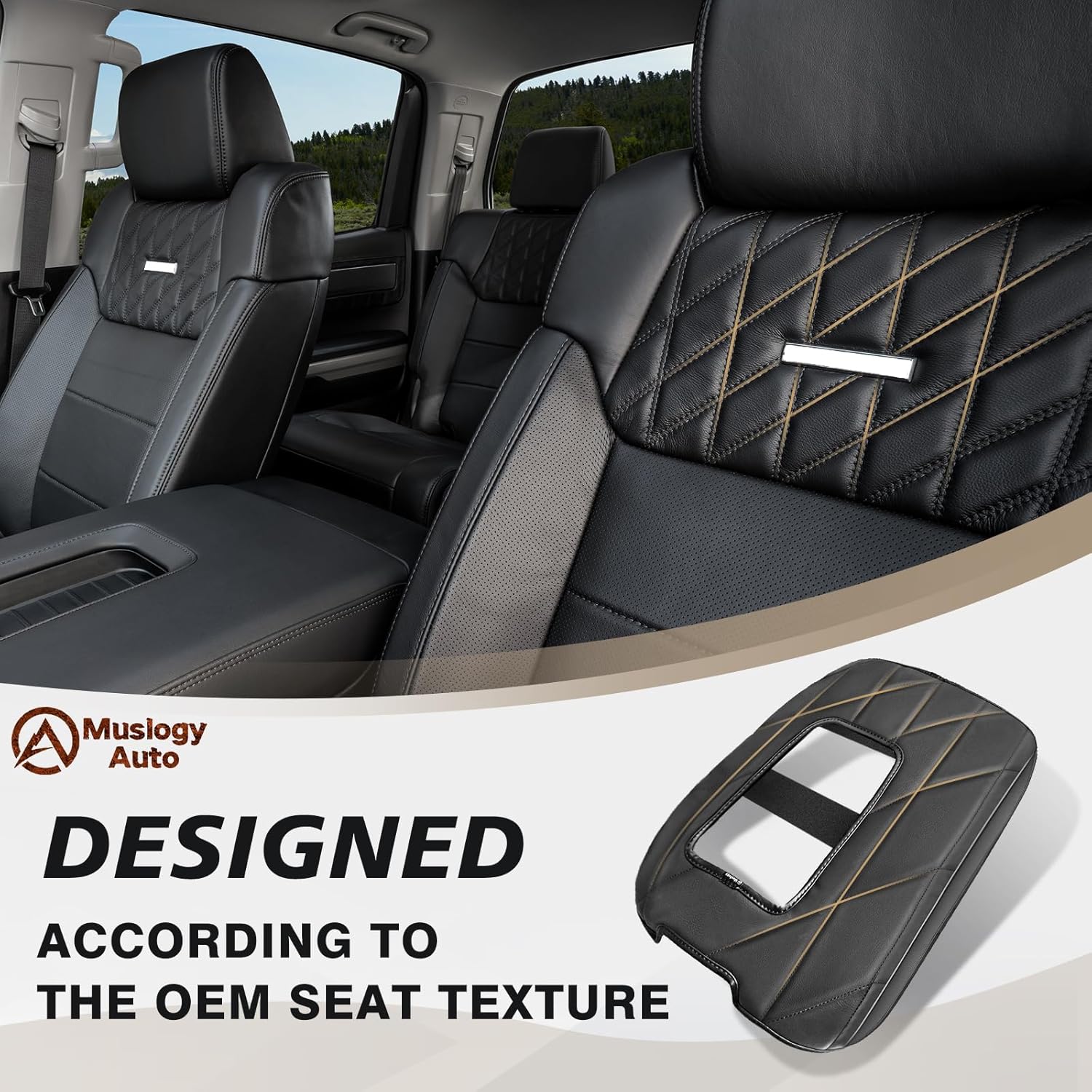 Muslogy Center Console Armrest Cover Compatible with Toyota Tundra 2014-2021 Comfort Armrest Pad Arm Rest Cushion Vegan Leather Protector Regular Thick(Bucket Seat ONLY)