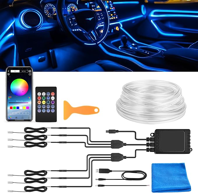 Interior Car LED Strip Lights, RGB 6-in-1 16 Million Colors Ambient Lighting Kit with 390 inches Fiber Optic Wireless APP & Remote Control Music Sync