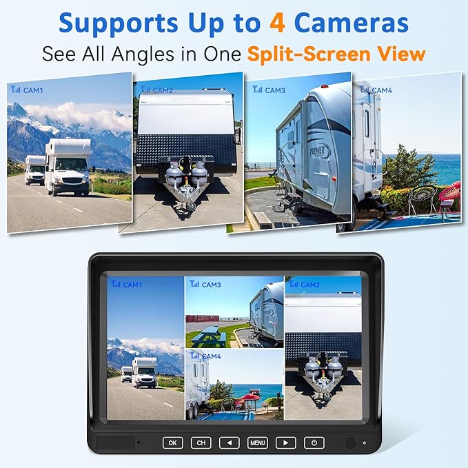 Wireless Backup Camera for Trailer - 7" 1080P RV Backup Camera with 4-Channel Split-Screen Monitor, AI Detection, Night Vision, Loud Beeps, Plug & Play, Compatible with Furrion Pre-Wired RVs