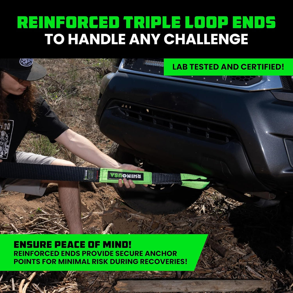 Rhino USA Recovery Tow Strap (3" x 30') - 31,518lb Break Strength - Emergency Recovery Strap Tow Rope for Truck, UTV, ATV & More - Heavy Duty Towing Strap for Offroad 4x4 Use - Compatible with Jeep