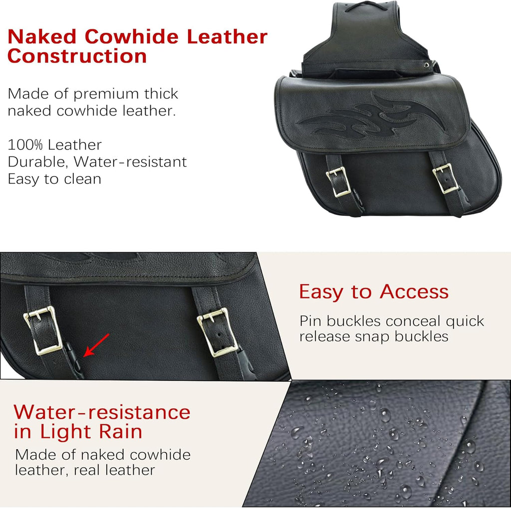Dream Apparel Naked Cowhide Leather Motorcycle Saddle Bags Throw Over Saddlebags, Motorcycle Side Bags for Honda Shadow Sportster Softail Dyna V-star (Black, No Studs)