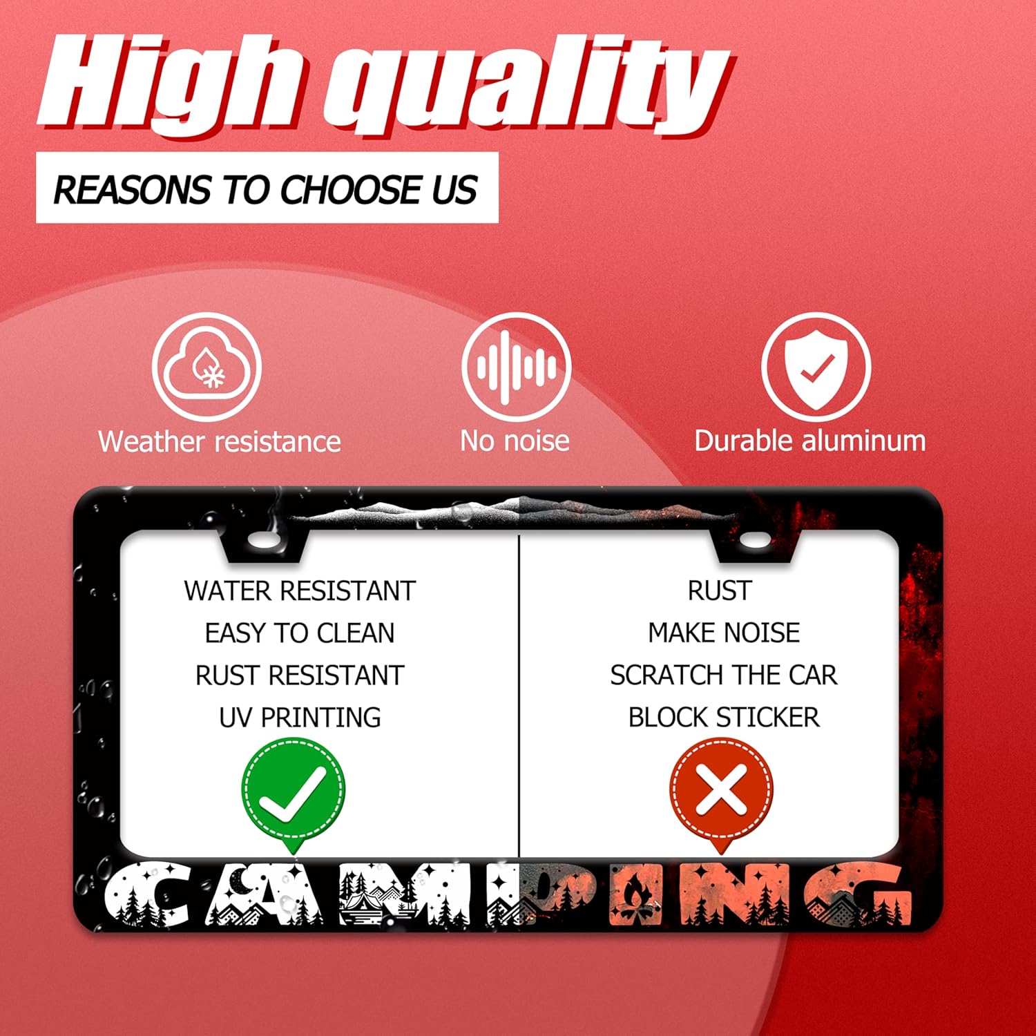 Camping License Plate Frame Mountains License Plate Holder Forest for Car Decorative Parts Stainless Stee License Plate for Standard Us Canada Funny License Plate Frames 12x6 Inch
