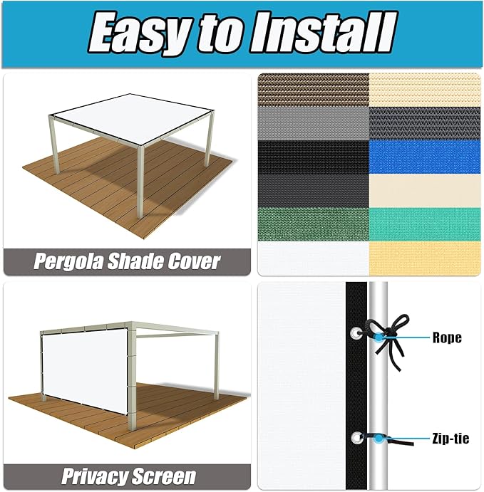 Amagenix 90% Pergola Shade Cover 6' X 11' Sun Shade Cloth with Grommets for Outdoor Garden Patio Porch, Commercial Grade 200 GSM - Cable Zip Ties Included (We Customized) GN108, White