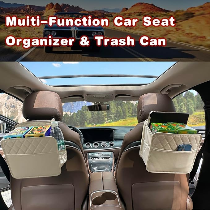 Witaxima Upgrade Car Seat Organizer Backseat with Storage Pockets, Multipurpose Car Organizer Hanging, Car Trash Bag Can,Premium PU Leather Garbage Can 2.14 Gallon Large Capacity Accessories Beige