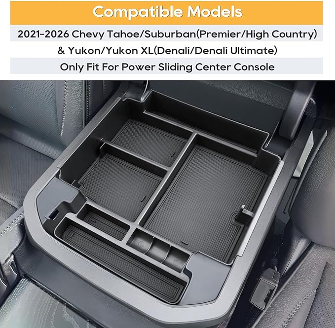 Center Console Organizer for 2021-2026 Chevy Tahoe/Suburban(Premier/High Country) & Yukon/Yukon XL(Denali/Denali Ultimate)Armrest Storage Accessories - Only Fit For Power Sliding Center Console