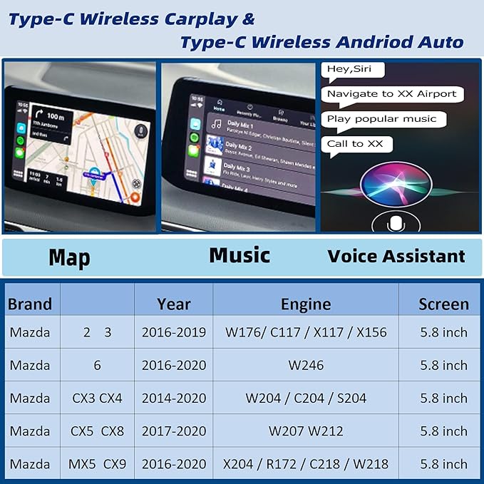 Dasbecan Type-C Wireless Mazda Apple Carplay and Android Auto Retrofit Kit Compatible with Mazda 2/3/6/CX3/CX5/CX9/MX5 2015-2020, TK78-66-9U0C Adapter (Only Support Wireless Carplay NO Android Auto)
