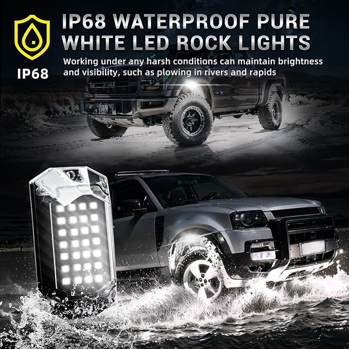 12 Pods Full Angle Pure White LED Rock Lights for Trucks Jeeps Golf Cart Offroad Pickup ATV UTV RZR SUV, 28 LEDs 6500K Super Bright Waterproof White Underglow Kit with Switch Harness Extension Wires