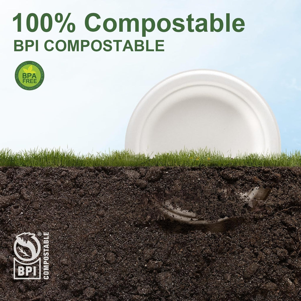 WELLIFE 100% Compostable Paper Plates 7 Inch, 125-Pack Dessert Paper Plates Bulk, Biodegradable Bagasse,Eco-Friendly Disposable Plate Small for BBQ,Picnic,Party (BPI Certified,Microwaveable)