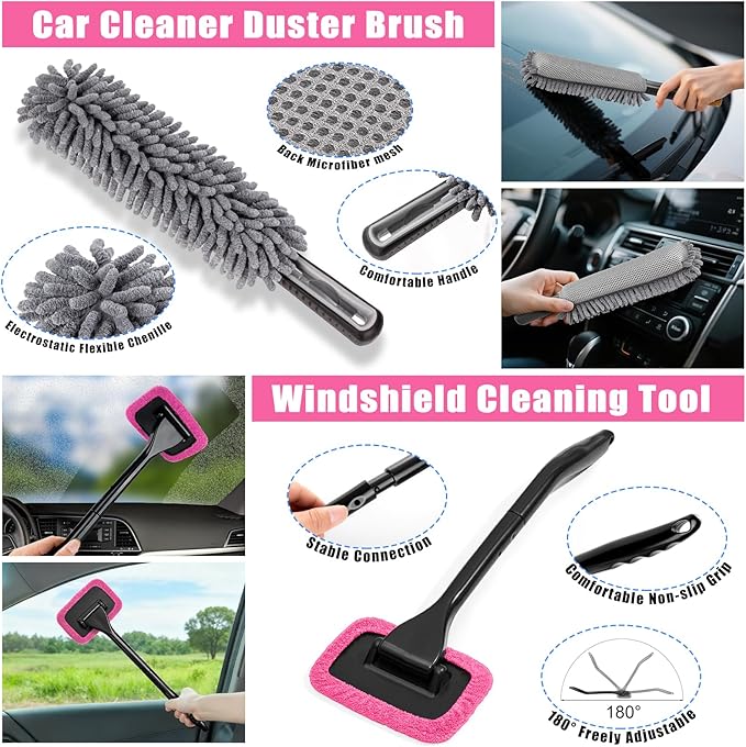 AUTODECO Car Cleaning Kit, Car Vacuum Interior Detailing Cleaner Kit with High Power Handheld Vacuum, Brush Set, Windshield Tool, Duster, Towels, Complete Car Care Tools for Women (Pink)