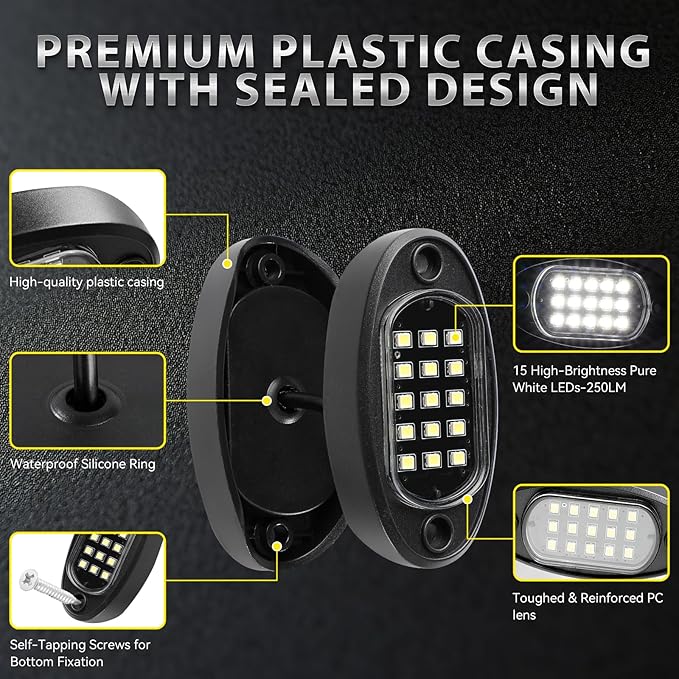 20 Pods Pure White LED Rock Lights with Extension Wires, IP67 Waterproof 6500K Super Bright White Underglow Kit for Semi Truck Sedans Trailer Offroad Pickup RV Vans Bus Under Car Lighting