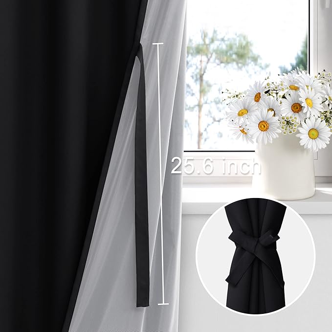 XWZO 100% Blackout Curtains 84 Inches Long with Tiebacks- Privacy Protection, Energy Efficiency Window Draperies Grommet Top with Black Liner for Bedroom/Living Room, Black, W42 x L84, Set of 2