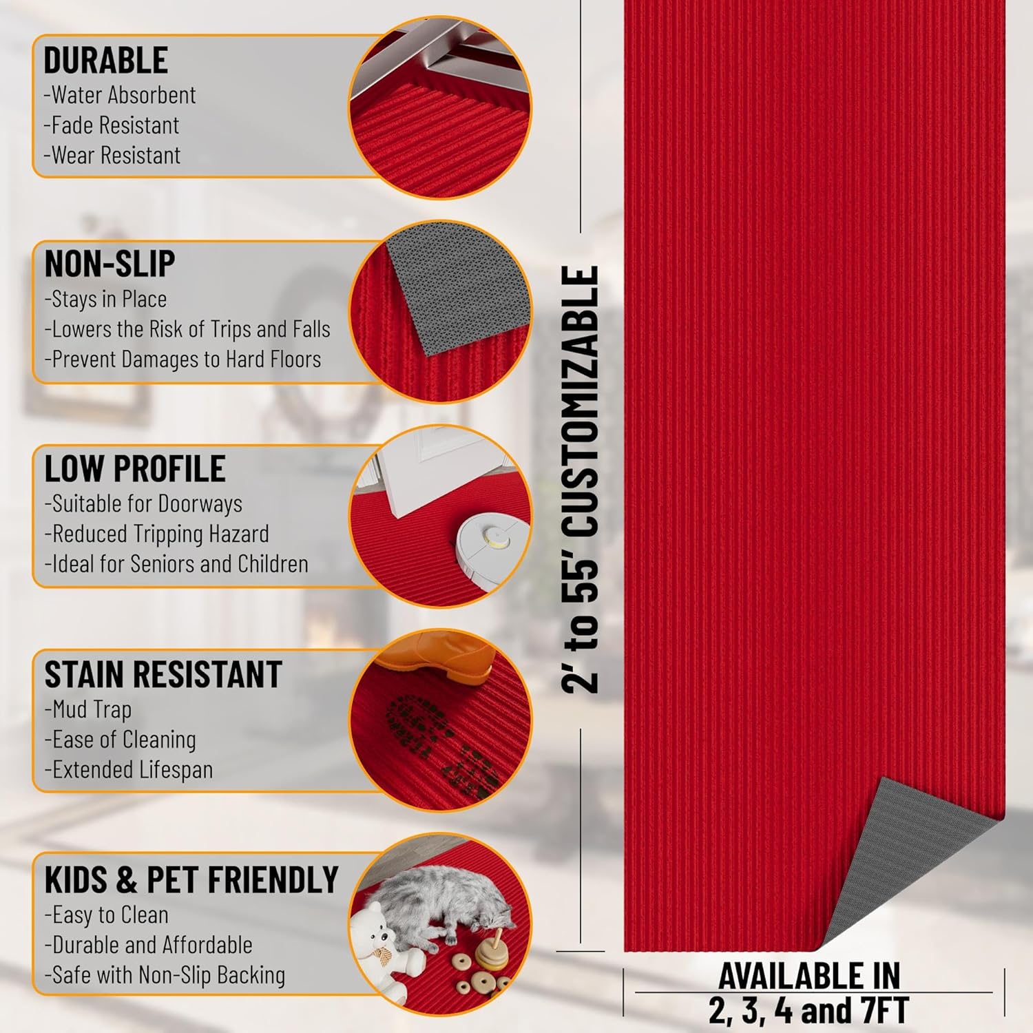 Ottomanson 2' x 7' Hallway Runner with Scraper Pile - Extra Durable Non-Slip Rug Mat for Indoor & Outdoor Use - Ideal for Kitchen, Entryway, Patio & Garage - High-Traffic Carpet, Red