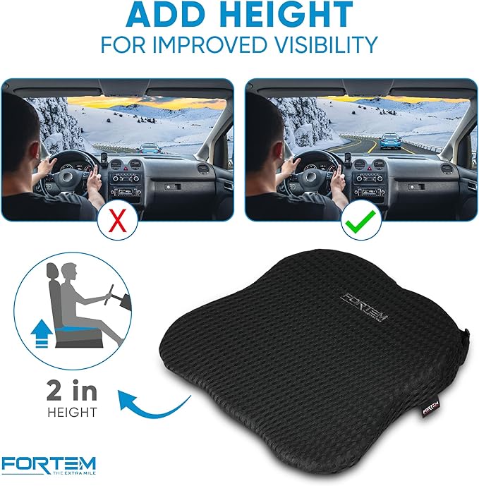 FORTEM Car Seat Cushion and Back Support Pillow, Memory Foam Car Wedge Cushion, Comfort Back Rest and Lumbar Support for Driving, Non Slip Seat Pad, Adjustable Straps, Washable Cover