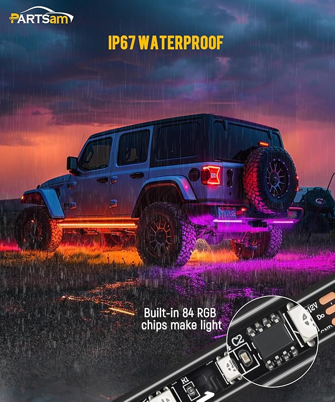Partsam Car Underglow Neon Accent Strip Lights with APP Control Music Modes, Scene Options, Mic, DIY Wireless Control Underglow Led Lights Strips Adapter for Vehicle SUV Truck - 4 in 1