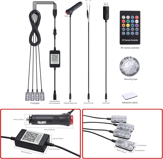Car Interior Ambient Lighting RGB 64 Colors Multicoloured Music Car Footwell Lighting Kit with Cigarette Lighter and App Microphone, 12V-24V 1W