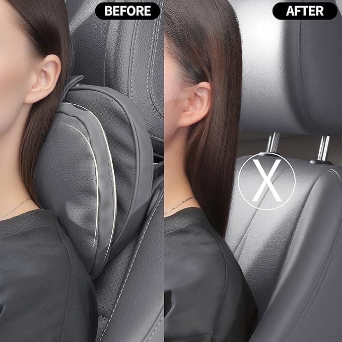 Car Headrest Pillow for Driving, Dual-Sided Leather Design Neck Pillow, Breathable Softness Neck Support, Universal Fit Head Rest Travel Pillow, Gray, 1 Pack
