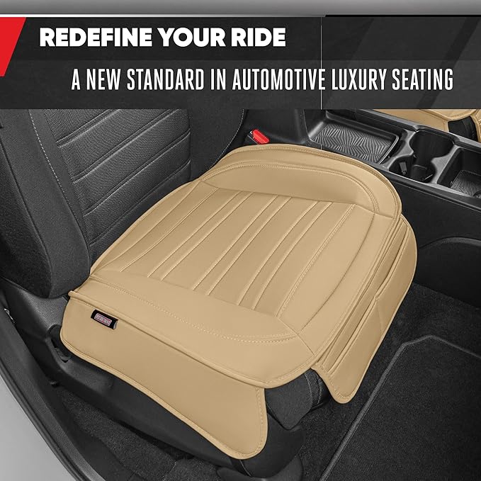 Motor Trend Seat Covers for Cars Trucks SUV, Faux Leather Beige Padded Seat Covers with Storage Pockets, Premium Interior Car Seat Cover, 2 x Front Seat Covers