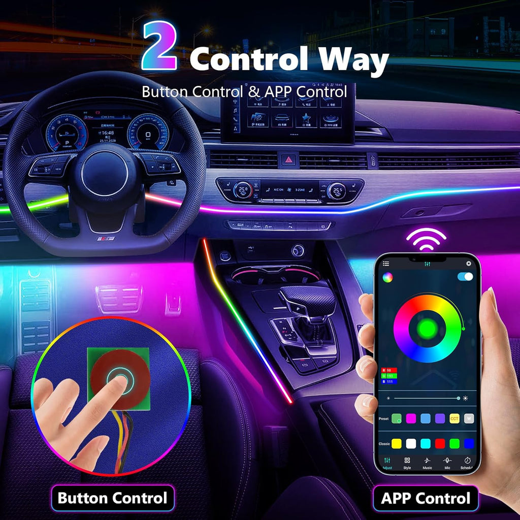 Acrylic Interior Car Light, AMKI Car LED Strip Light with APP Sub Control, Car Accessories Fiber Optic Car Ambient Light Kit with RGB Dreamcolor 22 in 1 and 175 inches 593 LEDs 213 DIY and Music Modes