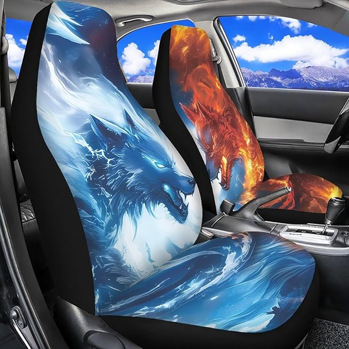 Fire and Ice Wolf Car Front Seat Covers Elastic Fabrics Universal Front Seat Cover Removable Automotive Accessories Easy Installation Suitable for Cars SUV
