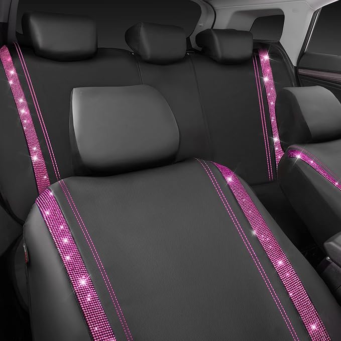 CAR PASS Bling Diamond Car Seat Covers Full Set, Shining Rhinestone Waterproof Faux Leather, Rear with Zipper, Universal Fit Automotive Glitter Crystal Sparkle Strips for Women Girl, Black Pink