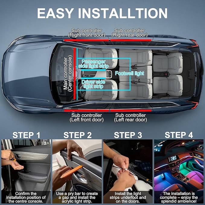 Dreamcolor Acrylic Interior Car LED Strip Lights, 18 in 1 Ambient Lighting Kit with Wireless APP, Dynamic Chasing Music Sync Fiber Optic Lights with DIY Mode, Car Inside Lighting Accessories