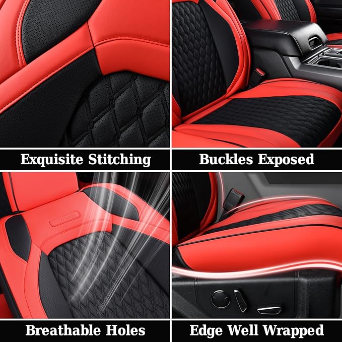Coverado JK Front Seat Covers for Jeep Wrangler, Custom Fits Jeep Wrangler 2/4 Door 2013-2017 Unlimited Rubicon Sahara Willys Sport High Altitude Pickup Truck Waterproof Leather Car Seat Covers(Red)