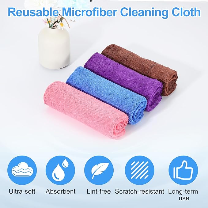 HARFINGTON 4 Pack Microfiber Cleaning Cloth, 14" x 14" Multi-Functional Cleaning Towels Reusable Absorbent Rags with Hook for Car Wash Kitchen Household Window Clean, Sapphire Blue