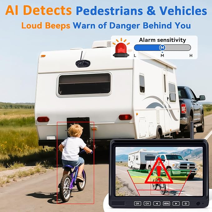Wireless Backup Camera for Trailer - 7" 1080P RV Backup Camera with 4-Channel Split-Screen Monitor, AI Detection, Night Vision, Loud Beeps, Plug & Play, Compatible with Furrion Pre-Wired RVs