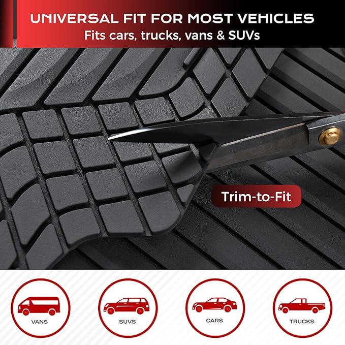 Coverado Red Rubber Car Floor Mats with Metallic Aluminum Film, Waterproof All Weather Protection, Universal Trim-to-Fit Automotive Mats for Cars SUVs Trucks, 4PCS Set