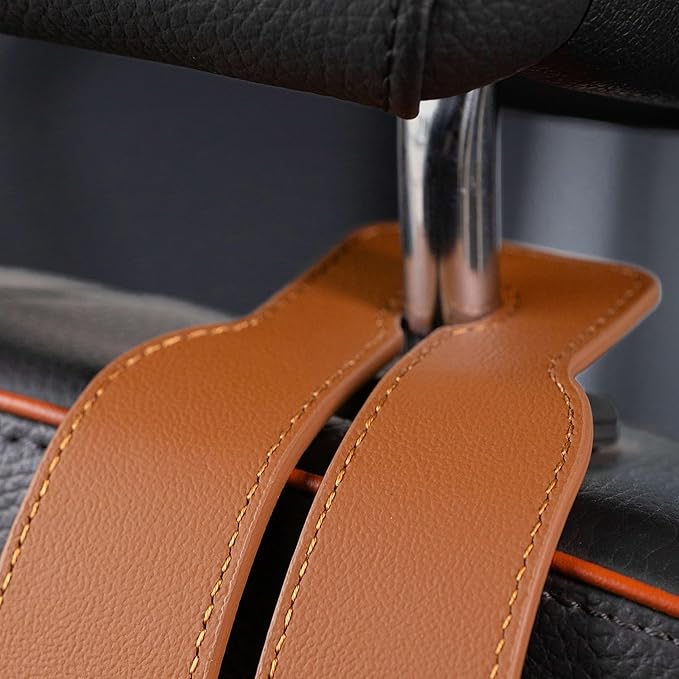 Genuine Leather Car Purse Hook - Flexible Car Seat Back Storage Hook for Purses and Bags, Universal Headrest Hooks for Car, Upgraded Car Purse Holder Hanger for Head Rest (Brown-1 Pack)