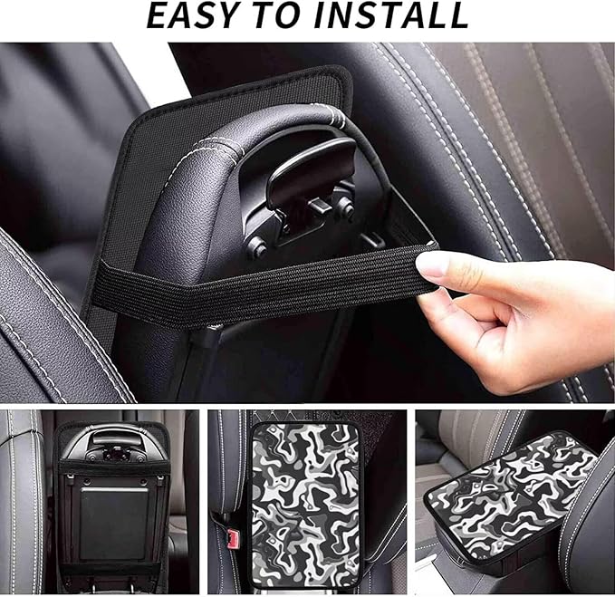 Car Center Console Armrest Cover Camouflage Polyester Arm Rest Box Lid Covers Army Camo Middle Console Cover Seat Protector Gray and Black Abstract Geometry Armrest Cushion Pad