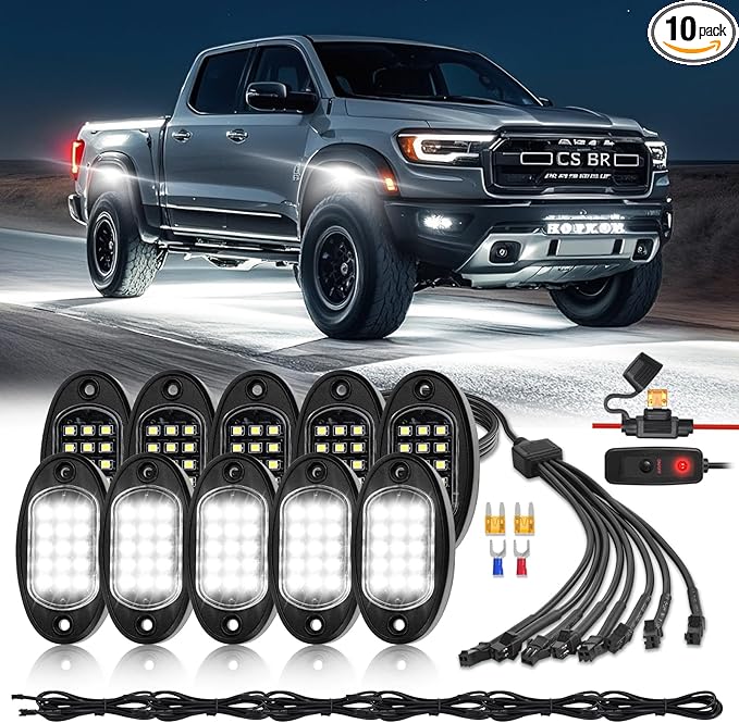 10 Pods Pure White LED Rock Lights with Power Swith Wiring Harness, 6000K Super Bright Waterproof Under Trailer Lighting White Underglow Kit for Trucks Trailer Offroad Pickup SXS ATV UTV