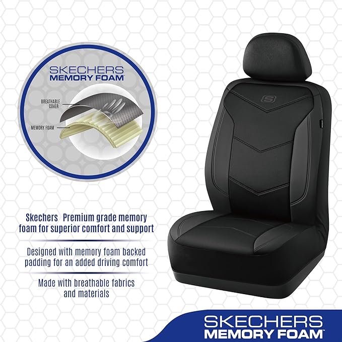 Skechers Memory Foam Seat Covers,Leather Car Seat Covers, Ultimate Comfort & Support Front Seat Covers Airbag Compatible, Automotive Universal Fit Most for SUVs, Vans, Sedans, Cars, Trucks,Black
