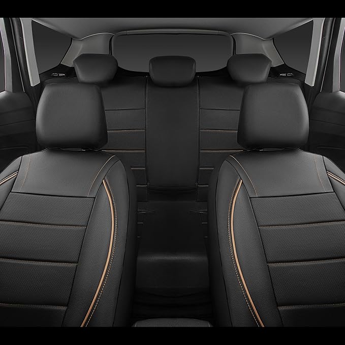 CAR PASS Universal FIT Piping Leather Two Front Seat Covers, Waterproof Faux Leather for SUV Sedan Van Truck, Airbag Compatible,Reserved Opening Holes for Headrest Covers. (Black and Beige)